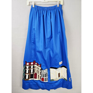 Whimsical Blue Skirt with Appliqué Cityscape Hem, Gathered Waist, Artistic Urban